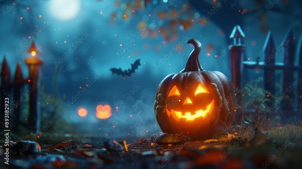 Fototapeta premium Spooky Halloween Night: Detailed Atmosphere with Glowing Pumpkin and Mysterious Character