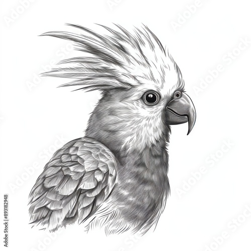 Black and white Vintage engraved art of a cockatiel portrait isolated on white background, ink sketch illustration, simple vector art design, highly detailed line art, high contrasty
