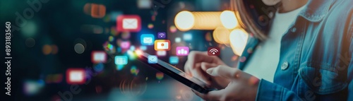 A person holds a smartphone while surrounded by colorful speech bubbles.