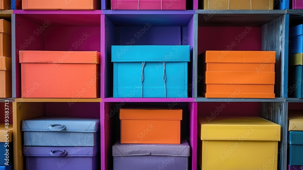 Neatly stacked shelves filled with colorful boxes Neatly stacked shelves filled with colorful boxes