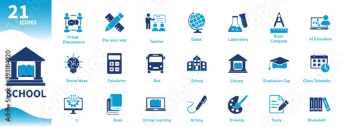 School icon. Set of icons for education, learning, books, pens, library, teachers. Solid vector icons