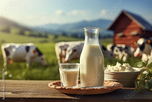 Milk in a glass and bottle on a wooden table with cows in the background