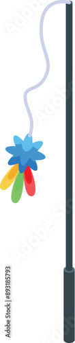 Cat teaser stick with colorful feather toy hanging from string for playful interaction