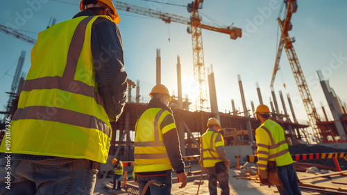 Construction Workers Overseeing Bustling Urban Development Site