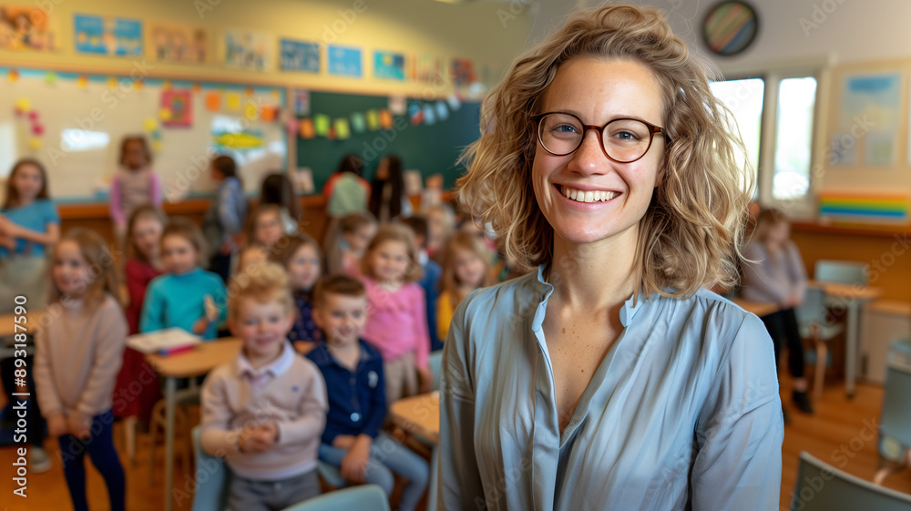 Enthusiastic Teacher Smiling in Colorful Elementary Classroom Enthusiastic Teacher Smiling in Colorful Elementary Classroom