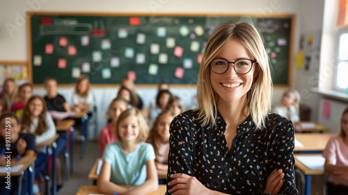 Confident Educator Smiles in School Classroom