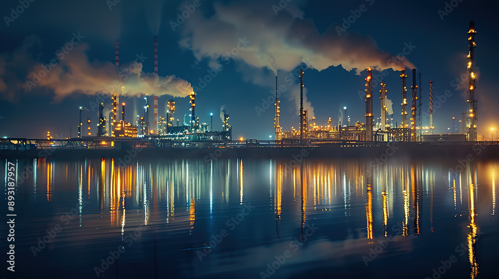 an oil refinery at night with reflection in the water an oil refinery at night with reflection in the water