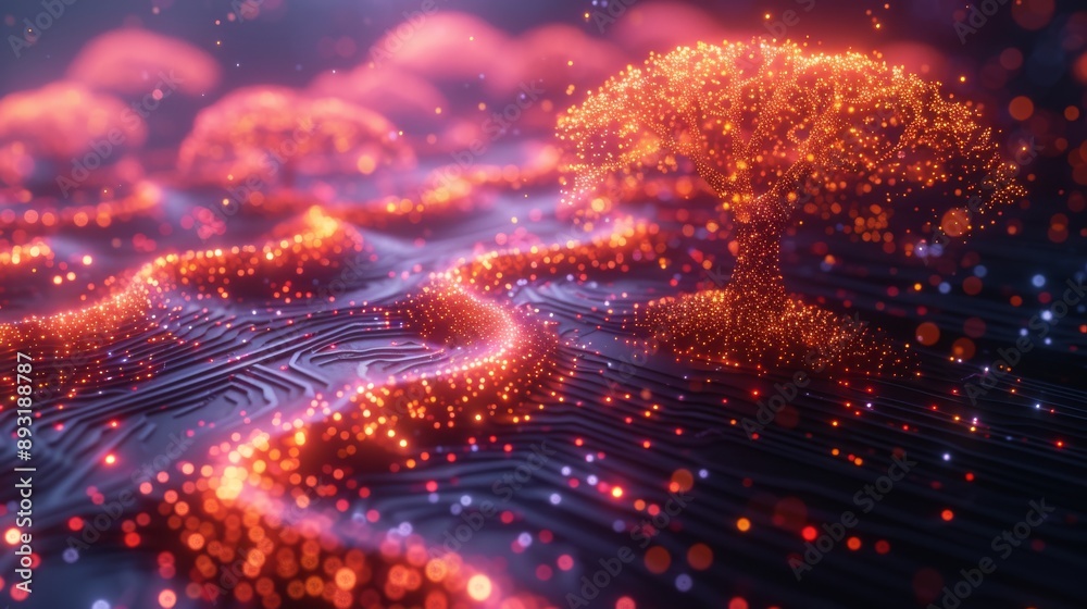 Obraz premium A Digital Image of a Tree Growing On Top of a Circuit Board With Glowing Lights Around It - Generative AI