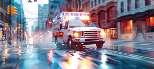 Fototapeta Naklejka Na Ścianę i Meble -  A white ambulance speeds through a wet city street, its flashing lights cutting through the rainy twilight as it races towards an unknown emergency