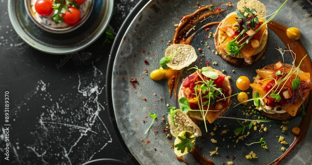 Capture the elegance and artistry of fine dining with a top view of gourmet dishes in a real, high-resolution image.