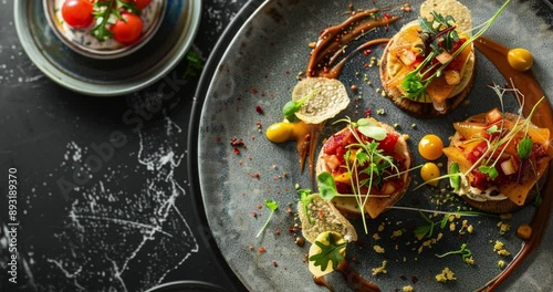 Capture the elegance and artistry of fine dining with a top view of gourmet dishes in a real, high-resolution image.
