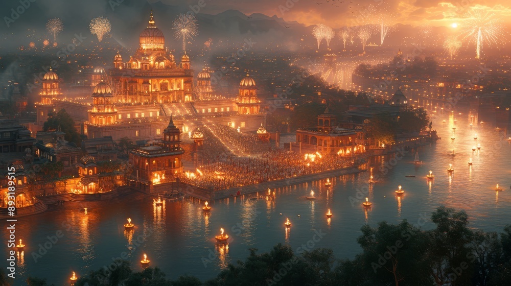 Naklejka premium A Large City Is Lit up at Night With Fireworks in the Sky and Boats on the Water - Generative AI