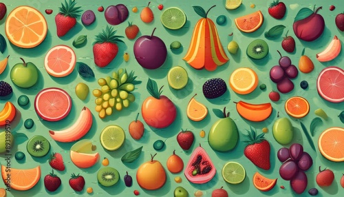 Fruit pattern, seamless fruit pattern, There is a light green background with various fruit designs on the background, colorful fruits pattern background