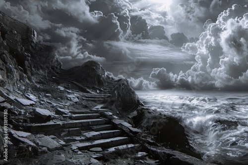 Dark storm clouds gather over a rocky beach with stone steps leading into the sea