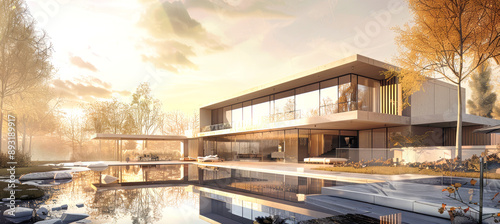 A modern, luxurious home with a large pool and garden, set against a backdrop of golden hour sky