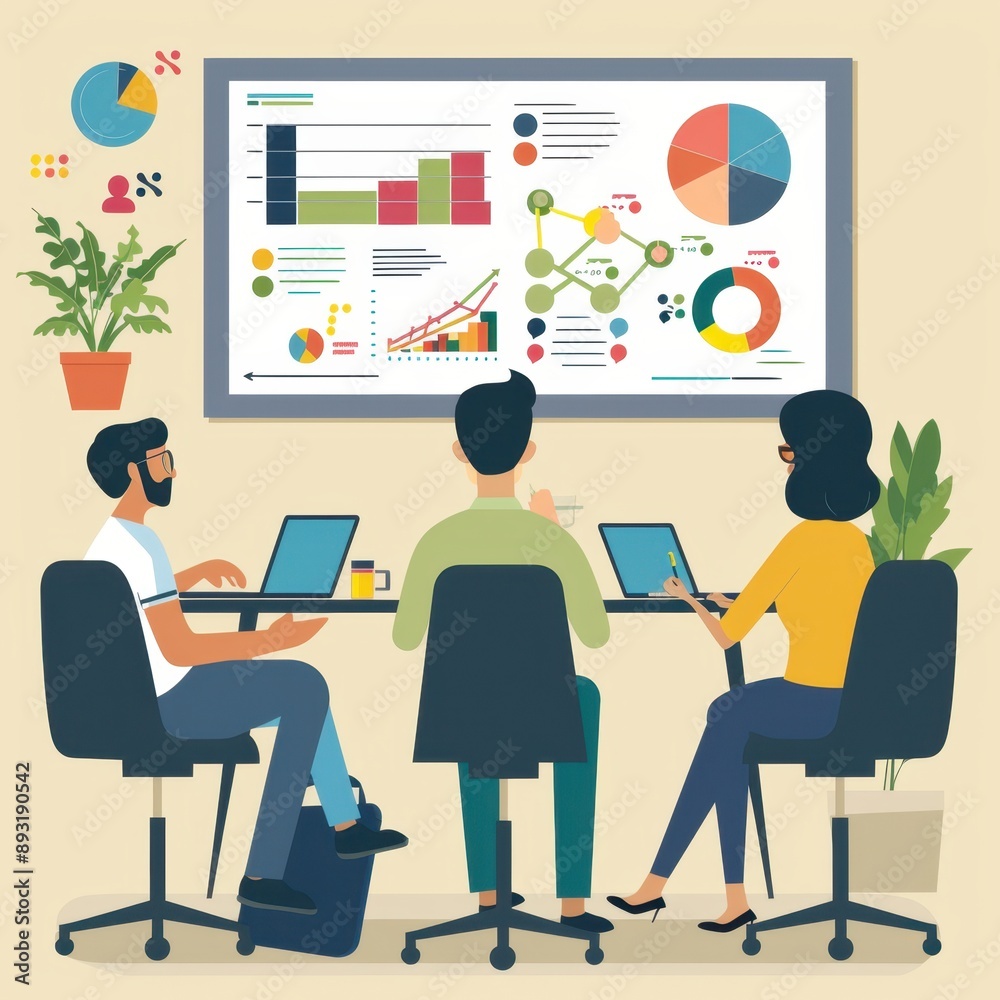 Marketing team discussing, advertising strategy development, flat design illustration Marketing team discussing, advertising strategy development, flat design illustration