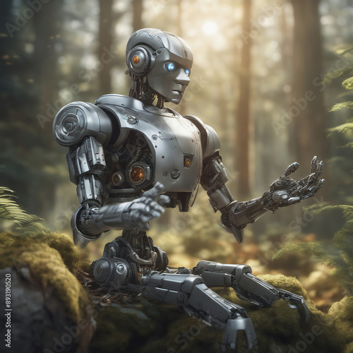 Robot sits in the forest. Future fantasy in which technology and nature meet peacefully