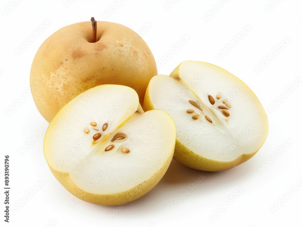 Fresh Chinese Pear Halves: Cut and Isolated on a White Background Fresh Chinese Pear Halves: Cut and Isolated on a White Background