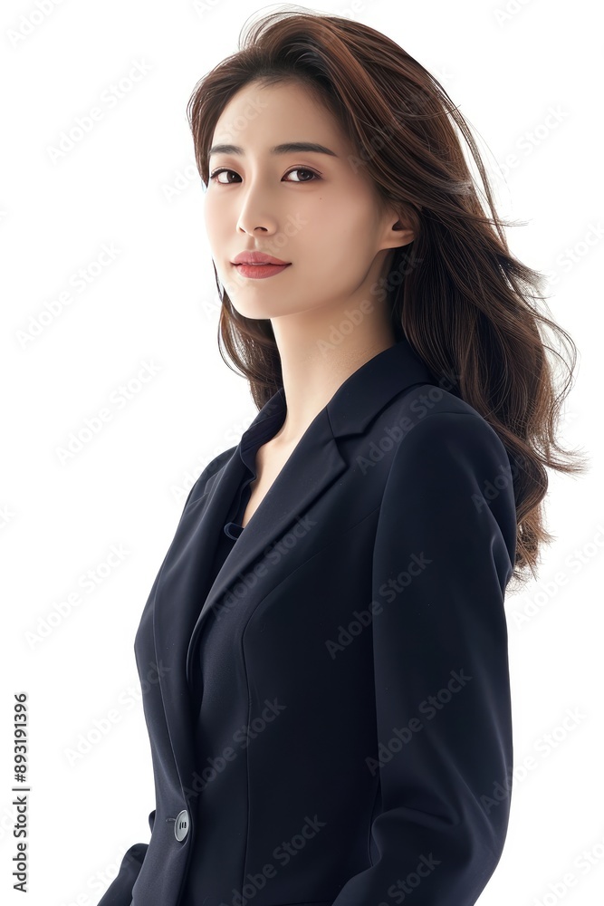 A Woman with Long Brown Hair in a Black Suit Looks Directly at the Camera A Woman with Long Brown Hair in a Black Suit Looks Directly at the Camera