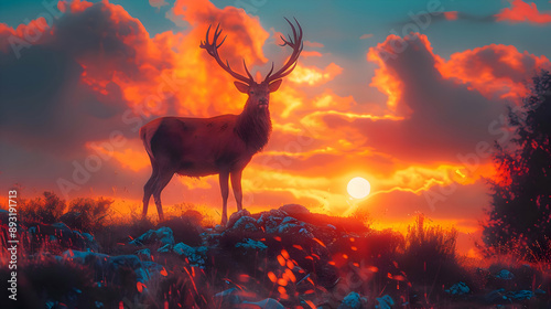 Majestic Deer Illustration with Fiery Sunset Background