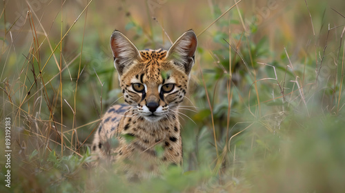 A secretive serval cat sneaking unnoticed through the tall grass of African lands. Serval cat on the hunt. photo