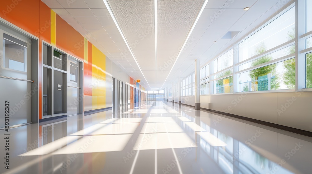 Clean and empty school corridor featuring sleek, modern design elements Clean and empty school corridor featuring sleek, modern design elements
