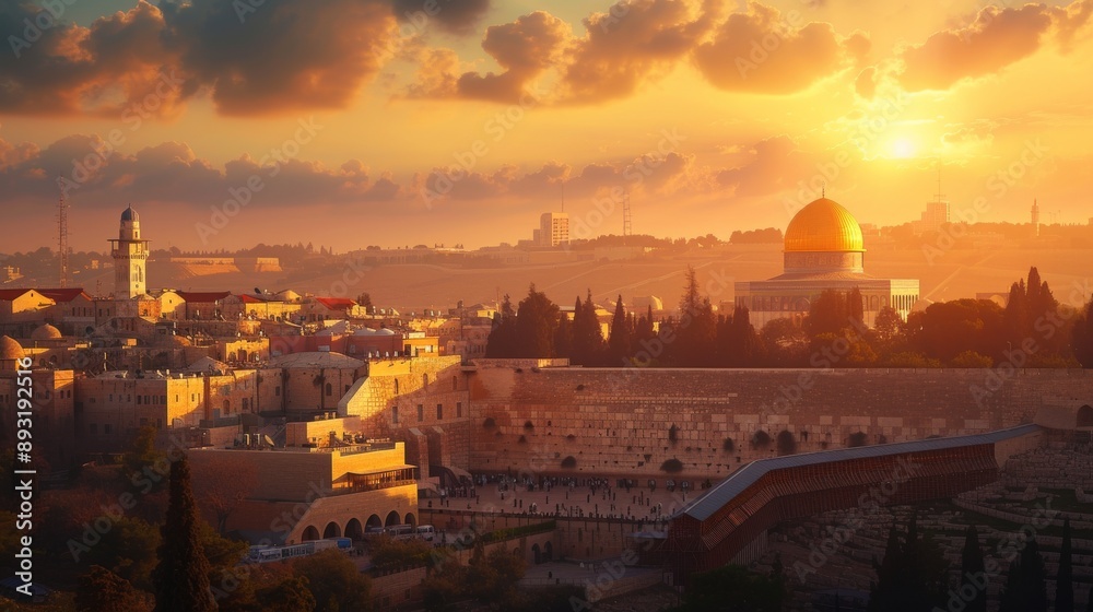 Fototapeta premium The Sun Is Setting Over the City of Jerusalem and the Dome of the Rock - Generative AI