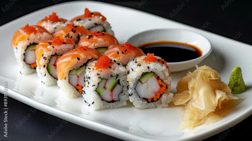 Sushi rolls with soy sauce, wasabi, and pickled ginger. Sushi rolls with soy sauce, wasabi, and pickled ginger.