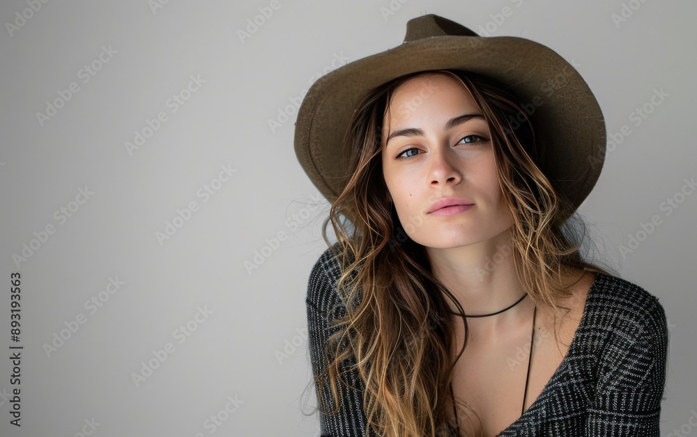 Effortless Style: Portrait of a Woman in Hat Against a Grey Background generative ai Effortless Style: Portrait of a Woman in Hat Against a Grey Background generative ai