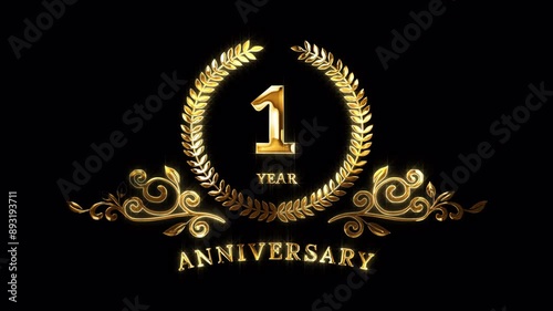 1st Anniversary Celebration. Happy 1 Year Anniversary Animation in Gold Color on the Transparent Background, Alpha Channel. Great for greetings, celebrations, events, and gifts.