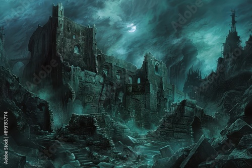 Ancient Ruins of a Gothic Castle in the Moonlight