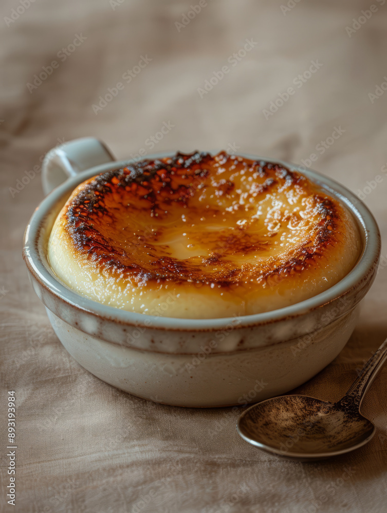 A bowl of crème brûlée with a caramelized sugar top next to a spoon. A bowl of crème brûlée with a caramelized sugar top next to a spoon.