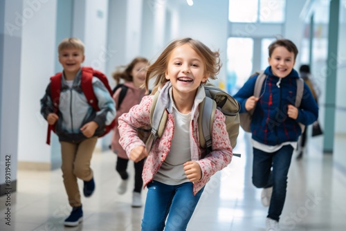 Joyful school children running down the hallway, excited and energetic
