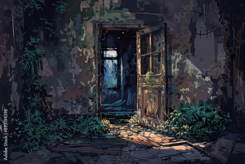 Mysterious overgrown doorway in abandoned building with light shining through photo