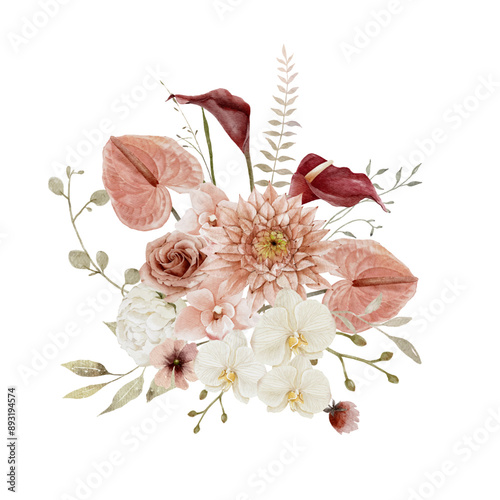 Delicate autumn rustic floral bouquet with antique shades of dahlias, orchid, anthurium and roses with burgundy calla lily