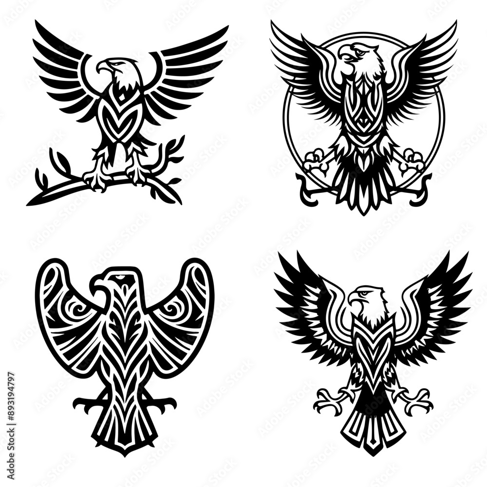 Obraz premium Heraldry with royal eagle, tattoos with birds of prey. Set of vector monochrome icons in tribal carved style
