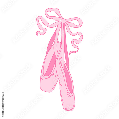 Ballerina pointe shoes with bow. Female pink ballet slippers for classic elegant dance