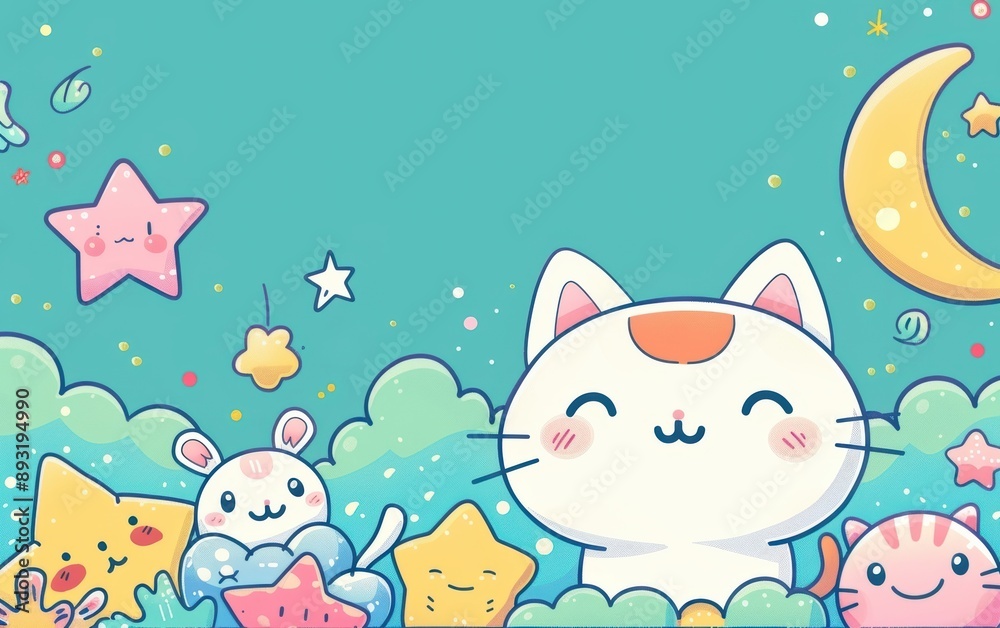 Cute cartoon cat, stars, and moon in a whimsical starry sky. Adorable, colorful, and playful illustration perfect for children and artistic projects. Cute cartoon cat, stars, and moon in a whimsical starry sky. Adorable, colorful, and playful illustration perfect for children and artistic projects.