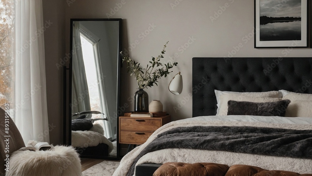 A tall full length mirror with a simple black frame