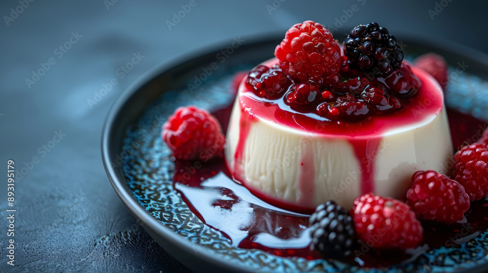 Panna cotta with berry sauce and fresh berries on a blue plate. Panna cotta with berry sauce and fresh berries on a blue plate.