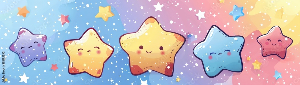 Whimsical illustration of colorful, smiling stars against a pastel gradient background, perfect for children's decor, stationery, and festive designs. Whimsical illustration of colorful, smiling stars against a pastel gradient background, perfect for children's decor, stationery, and festive designs.
