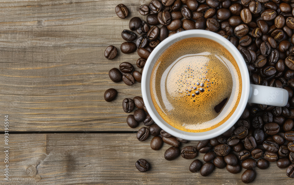 A white ceramic cup filled with freshly brewed coffee, surrounded by roasted coffee beans on a rustic wooden surface. A white ceramic cup filled with freshly brewed coffee, surrounded by roasted coffee beans on a rustic wooden surface.