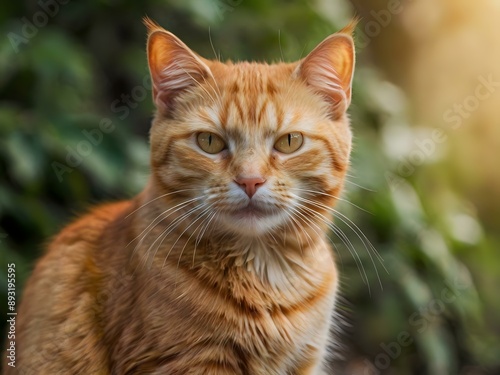 orange cat with blur background, orange cat is sitting and looking