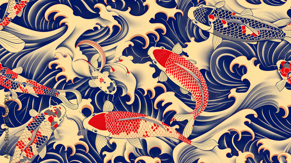 Naklejka premium A pattern of koi fish swimming in the waves, in the traditional Japanese art style