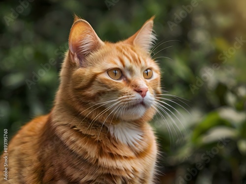 orange cat with blur background, orange cat is sitting and looking