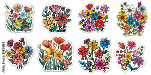 Spring-summer set of stickers with flowers. set of colorful hand drawn illustration