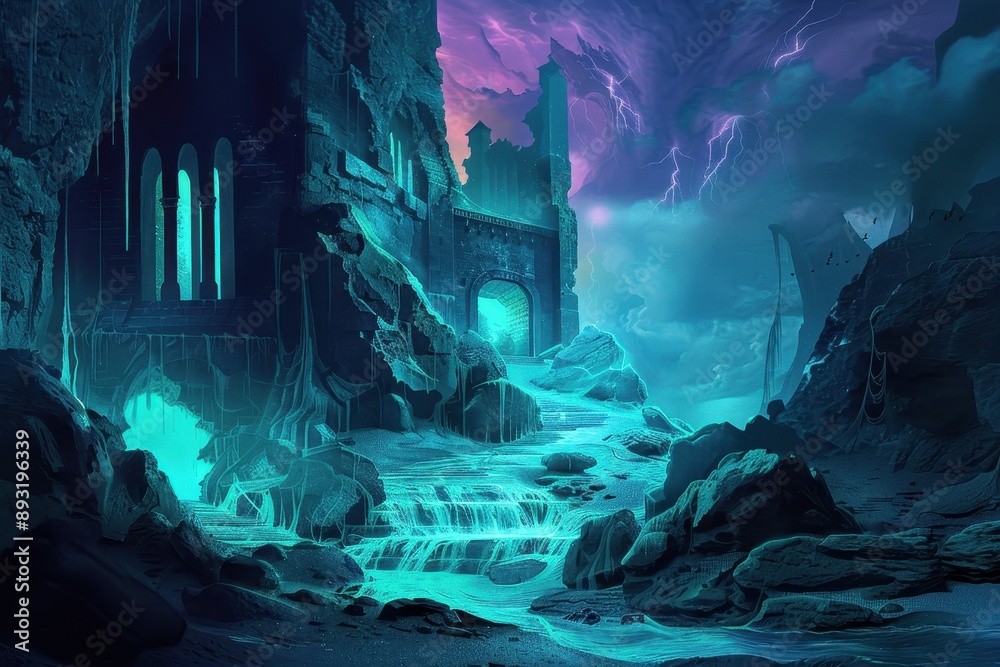 Mysterious ruins of an ancient castle with glowing blue waterfalls under a stormy sky Mysterious ruins of an ancient castle with glowing blue waterfalls under a stormy sky