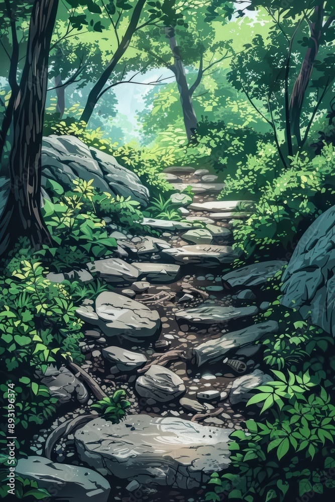 Fototapeta premium A scenic stone pathway in a lush, green forest surrounded by foliage and trees on a sunny day.
