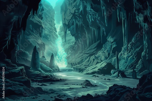 Mysterious Underground River Cave with Glowing Water and Ancient Relics