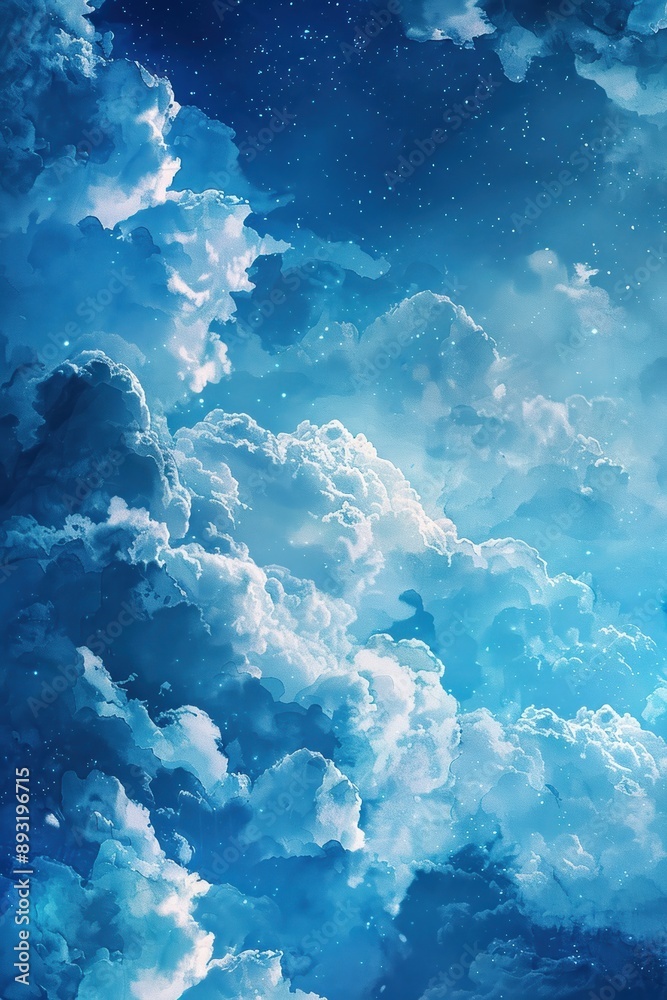 A mesmerizing digitally created sky with fluffy clouds, starry night elements, and various shades of blue, blending reality with fantasy. A mesmerizing digitally created sky with fluffy clouds, starry night elements, and various shades of blue, blending reality with fantasy.